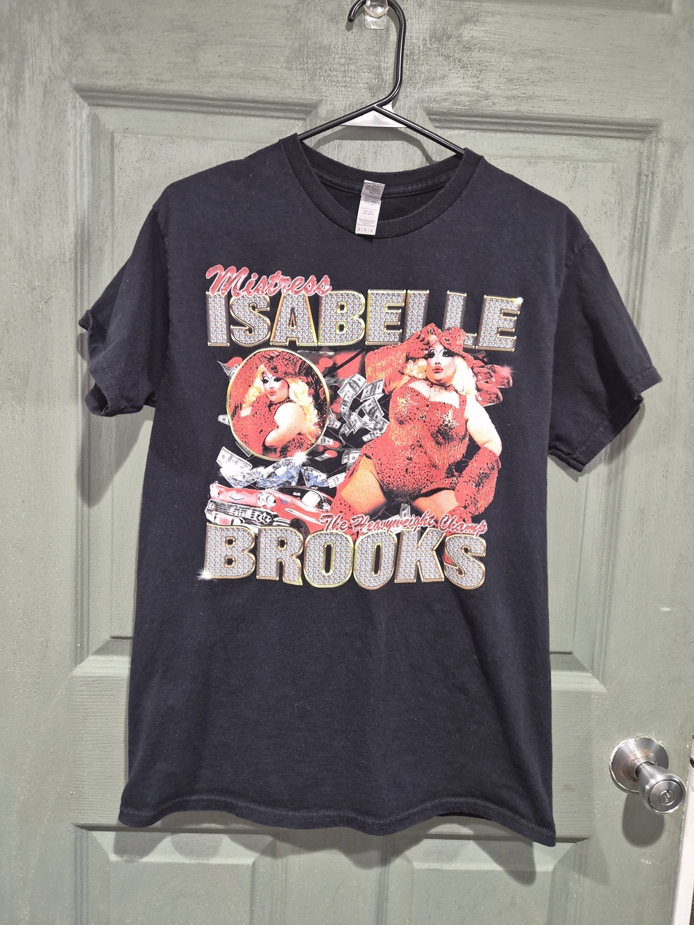 Gildan Black Tee with Red and Gold Mistress Isabelle Brooks Graphic